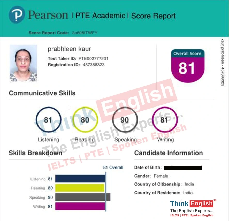 Prabhleen Kaur achieved 81 overall score in PTE at ThinkEnglish