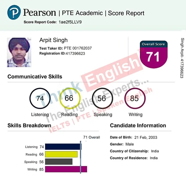 Arpit Singh achieved 71 overall score in PTE at ThinkEnglish
