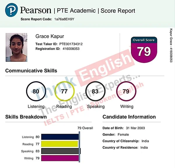 Grace Kapur achieved 79 overall score in PTE at ThinkEnglish