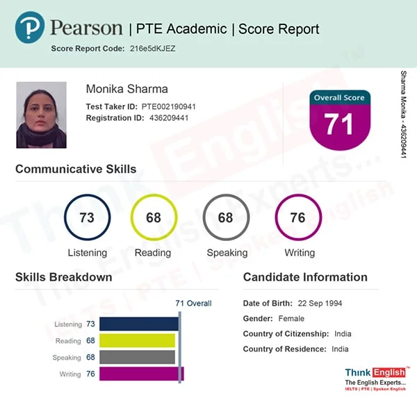 Monika Sharma  achieved 71 overall score in PTE at ThinkEnglish
