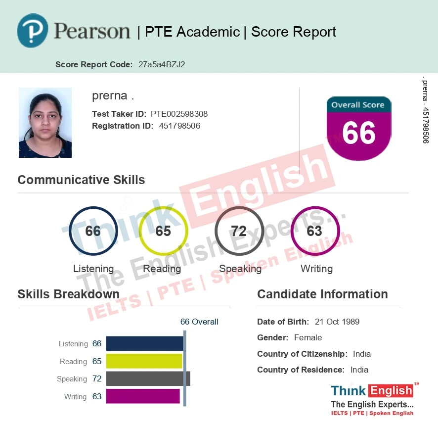 Prerna achieved 66 overall score in PTE at ThinkEnglish